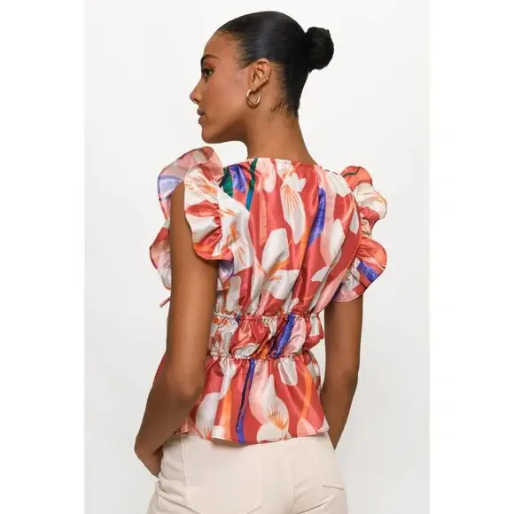 HUTCH Loni Brick Textured Orchids Ruffle Top Size Small NEW - Picture 3 of 8